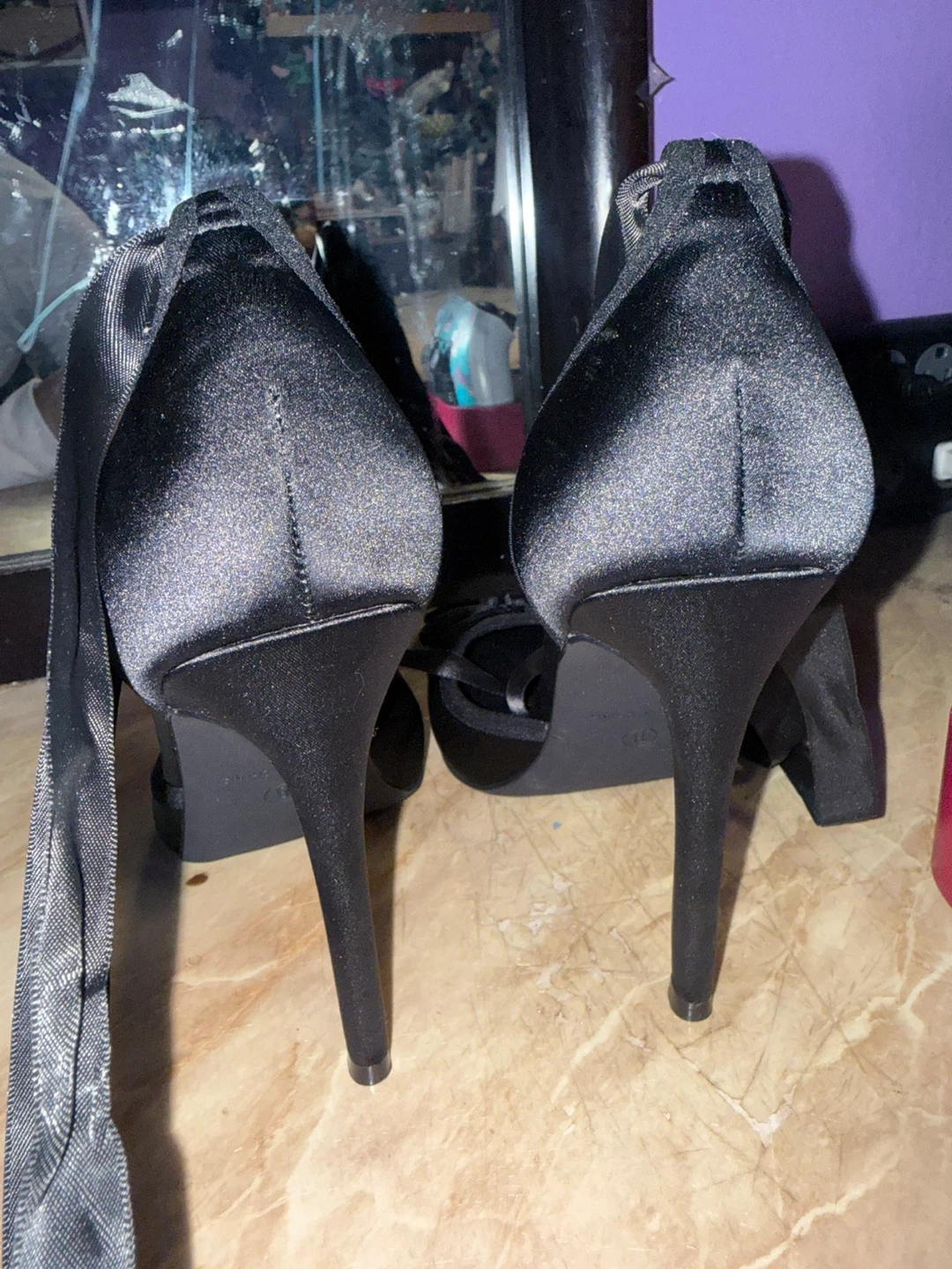 Black Satin Heels with Ribbon Ties - photo 2