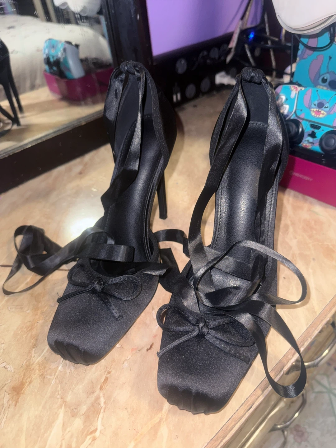 Black Satin Heels with Ribbon Ties