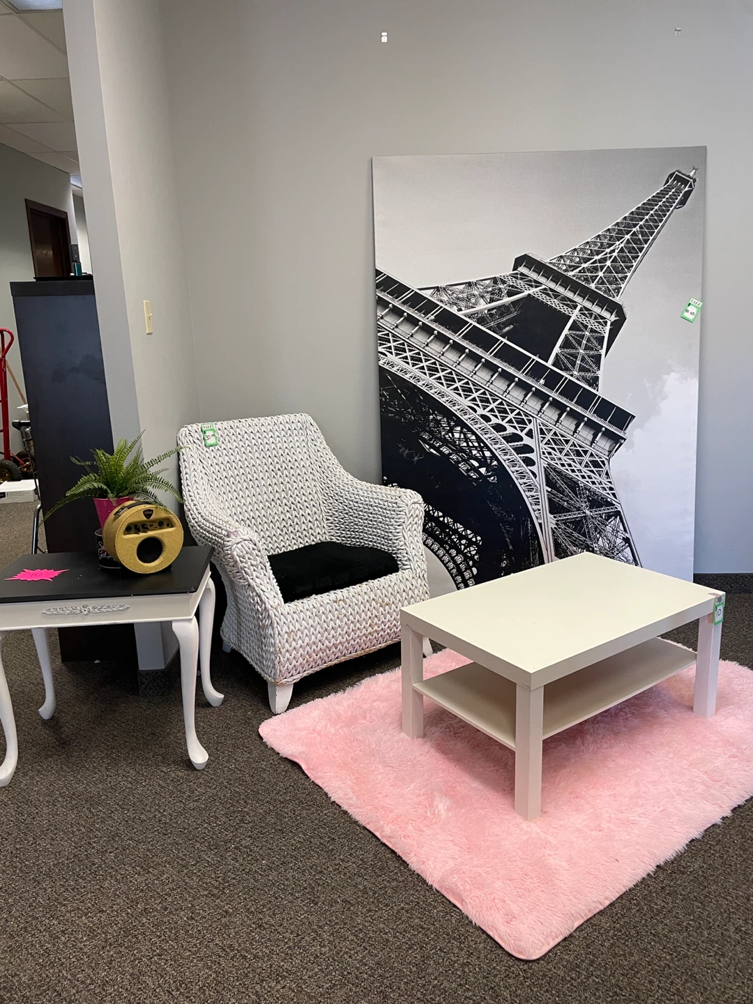 Complete Set: Wicker Chair, Picture, Rug, 2 Tables