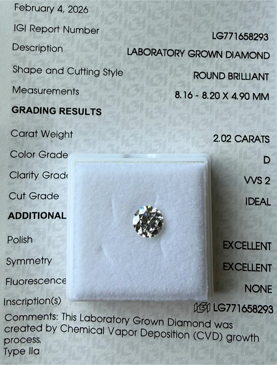 2.02 Carat Round Brilliant Laboratory Grown Diamond - photo 2