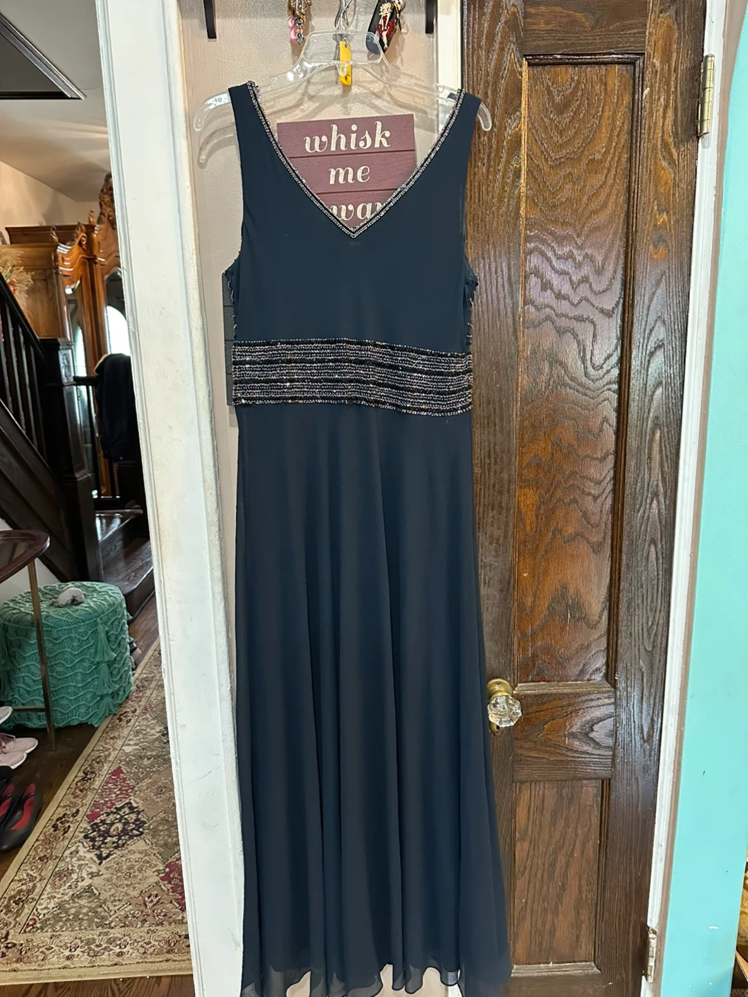 J Kara Navy Beaded V-Neck A-Line Maxi Dress Size 12 - photo 5