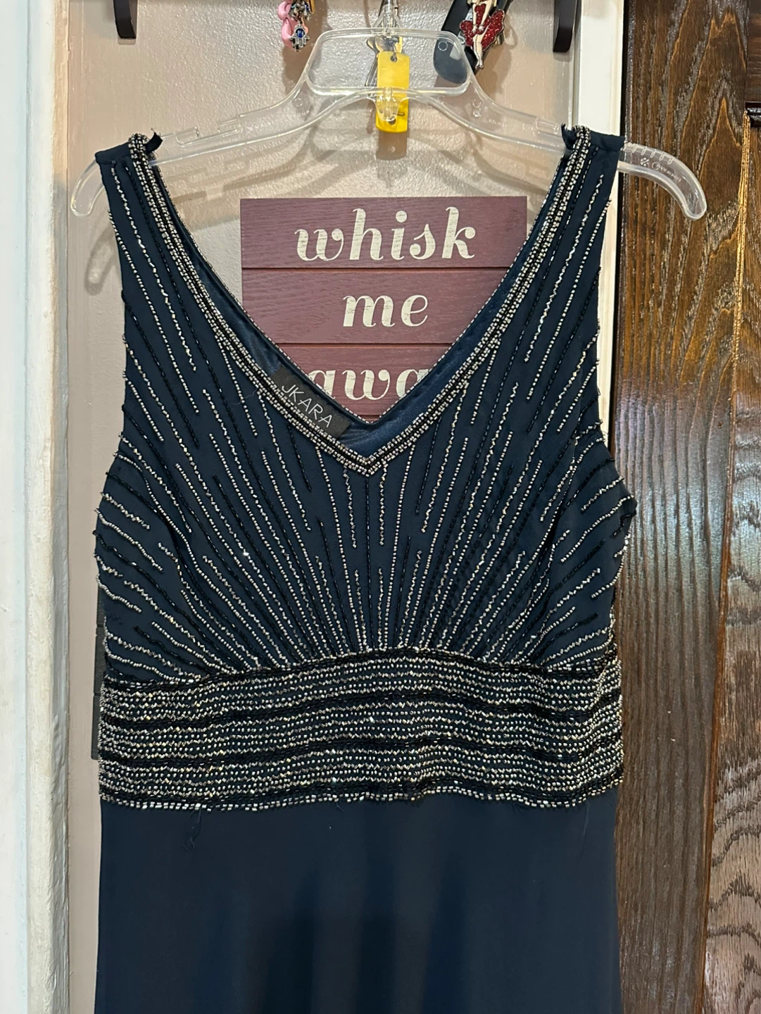 J Kara Navy Beaded V-Neck A-Line Maxi Dress Size 12 - photo 2