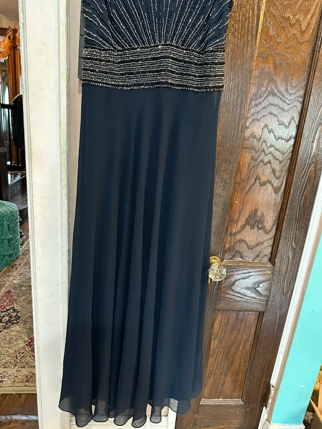 J Kara Navy Beaded V-Neck A-Line Maxi Dress Size 12 - photo 4