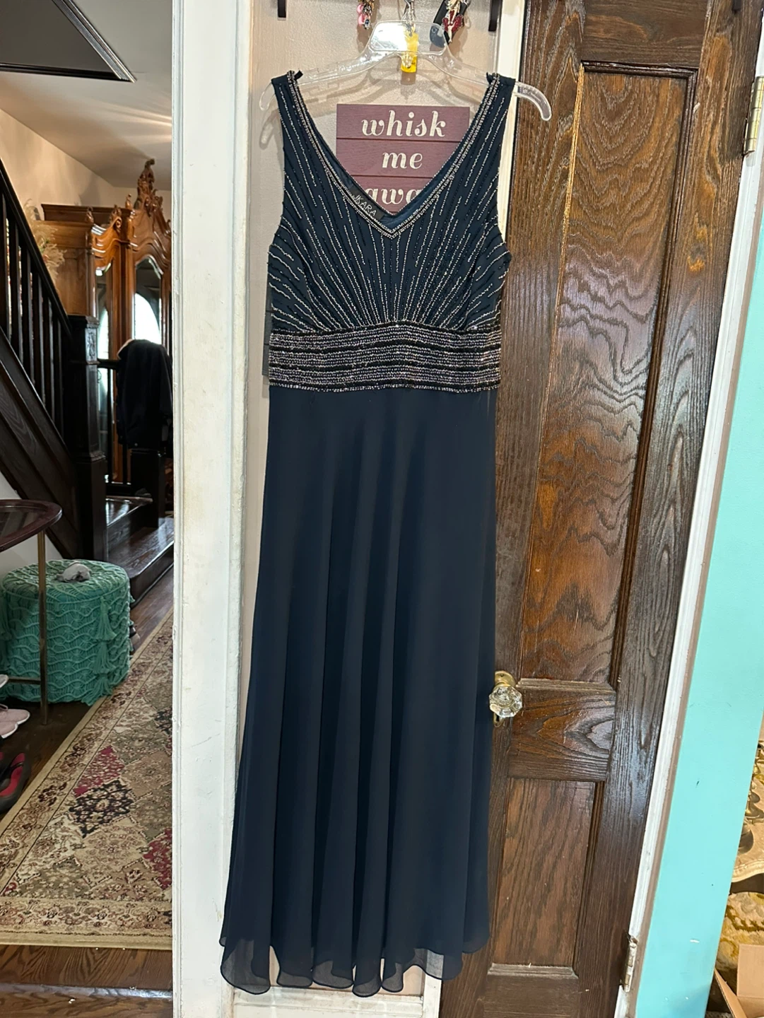 J Kara Navy Beaded V-Neck A-Line Maxi Dress Size 12