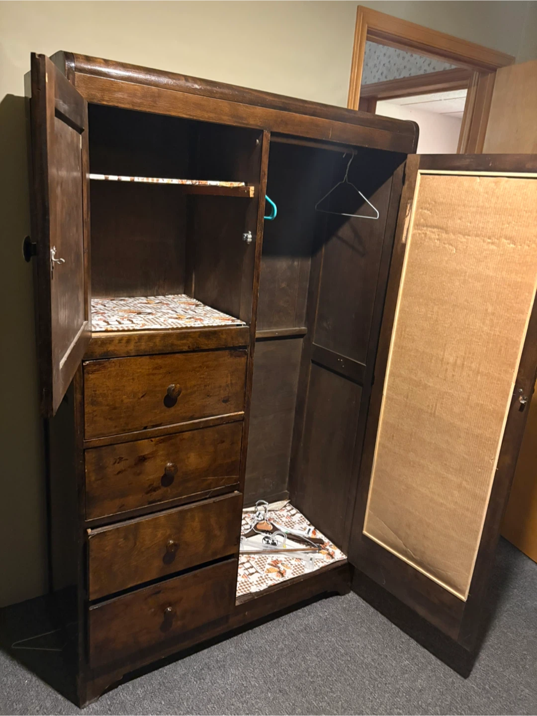 Vintage Wooden Wardrobe Armoire with Mirror and Drawers - photo 5