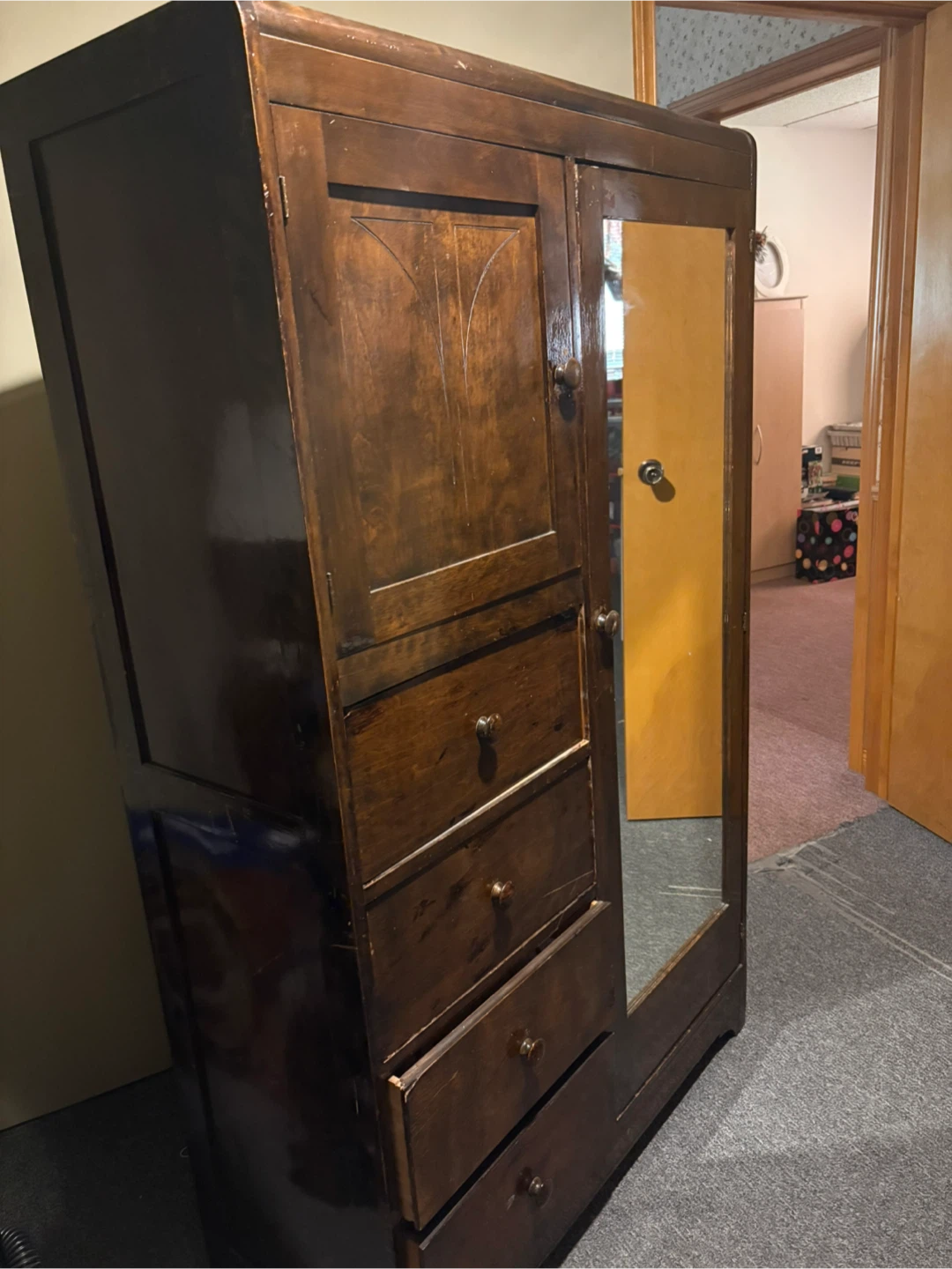 Vintage Wooden Wardrobe Armoire with Mirror and Drawers