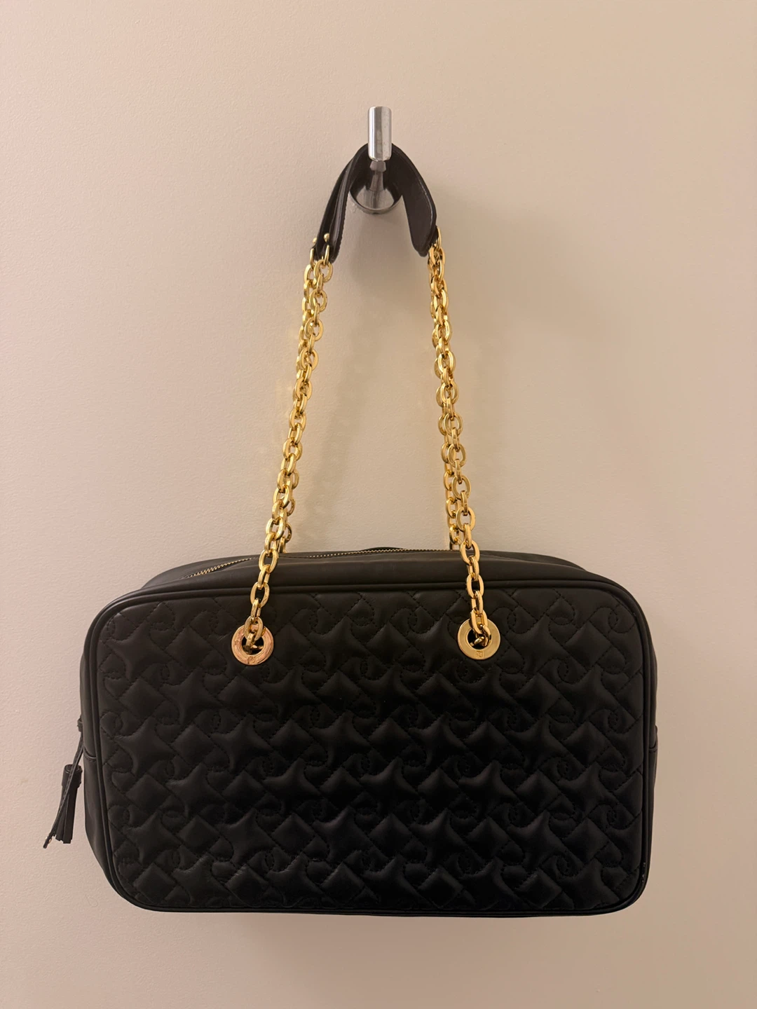Ports black quilted leather shoulder bag with gold chain