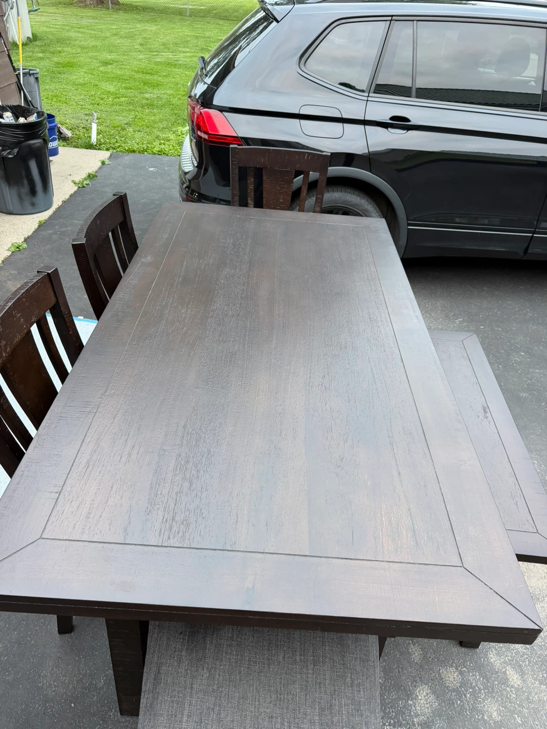 Dark Wood Dining Table with Grey Upholstered Bench