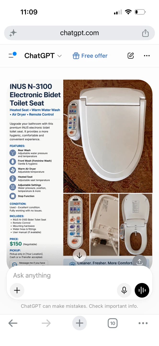 INUS N-3100 Electronic Bidet Toilet Seat
