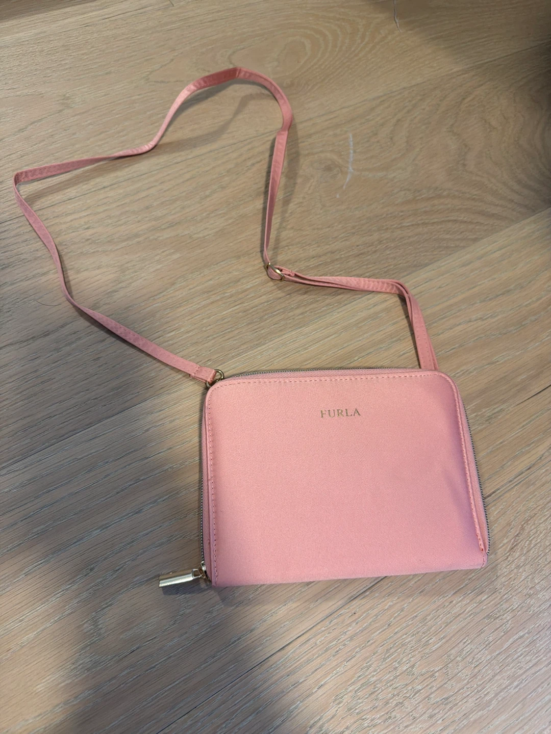 Furla Pink Crossbody Wallet with Bird Print lining