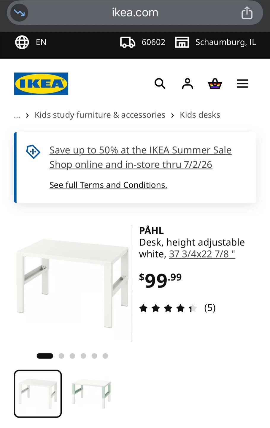 IKEA PÄHL Desk, Height Adjustable, White