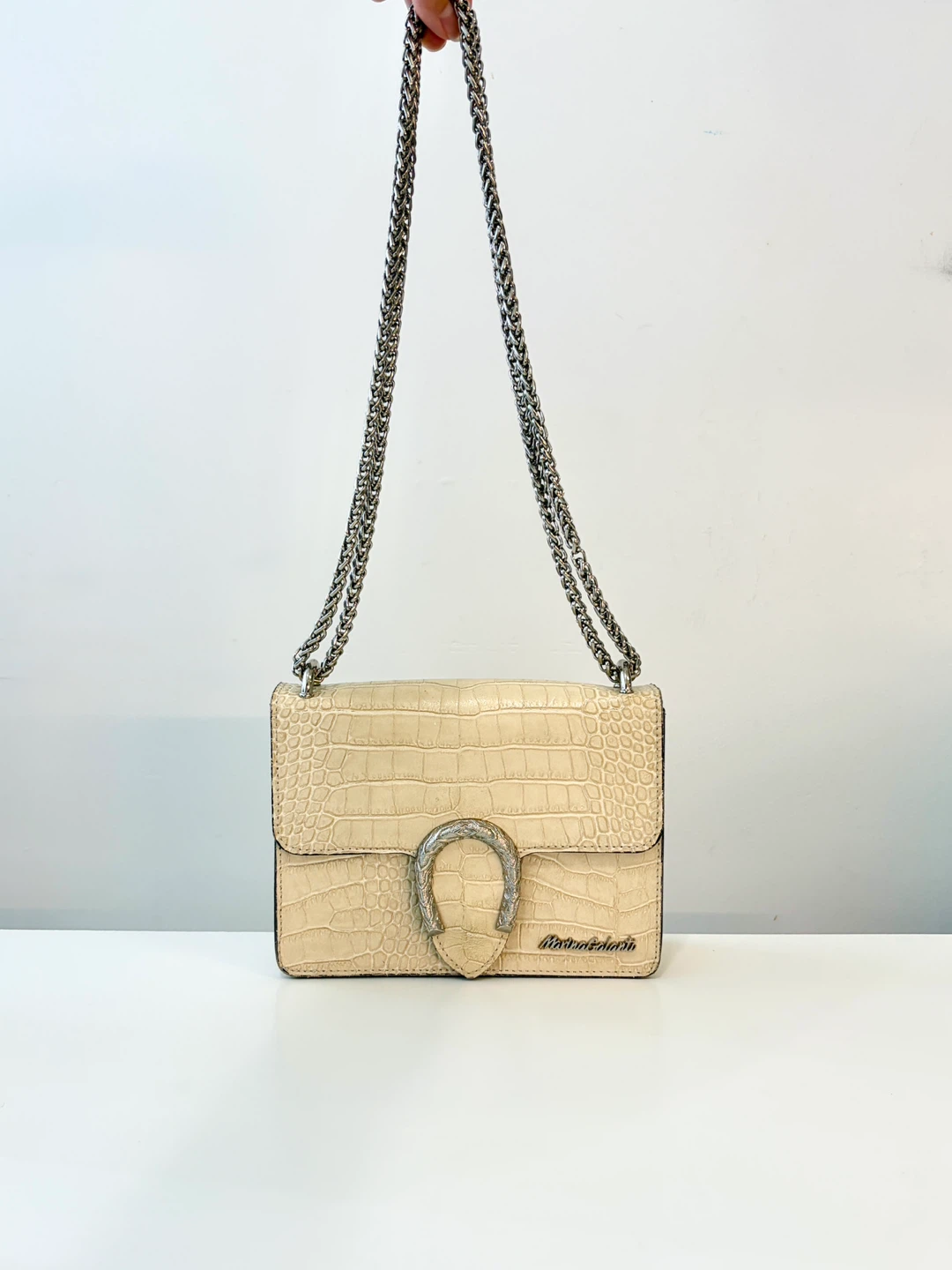 Marina Galanti Cream Crocodile Embossed Leather Crossbody Bag