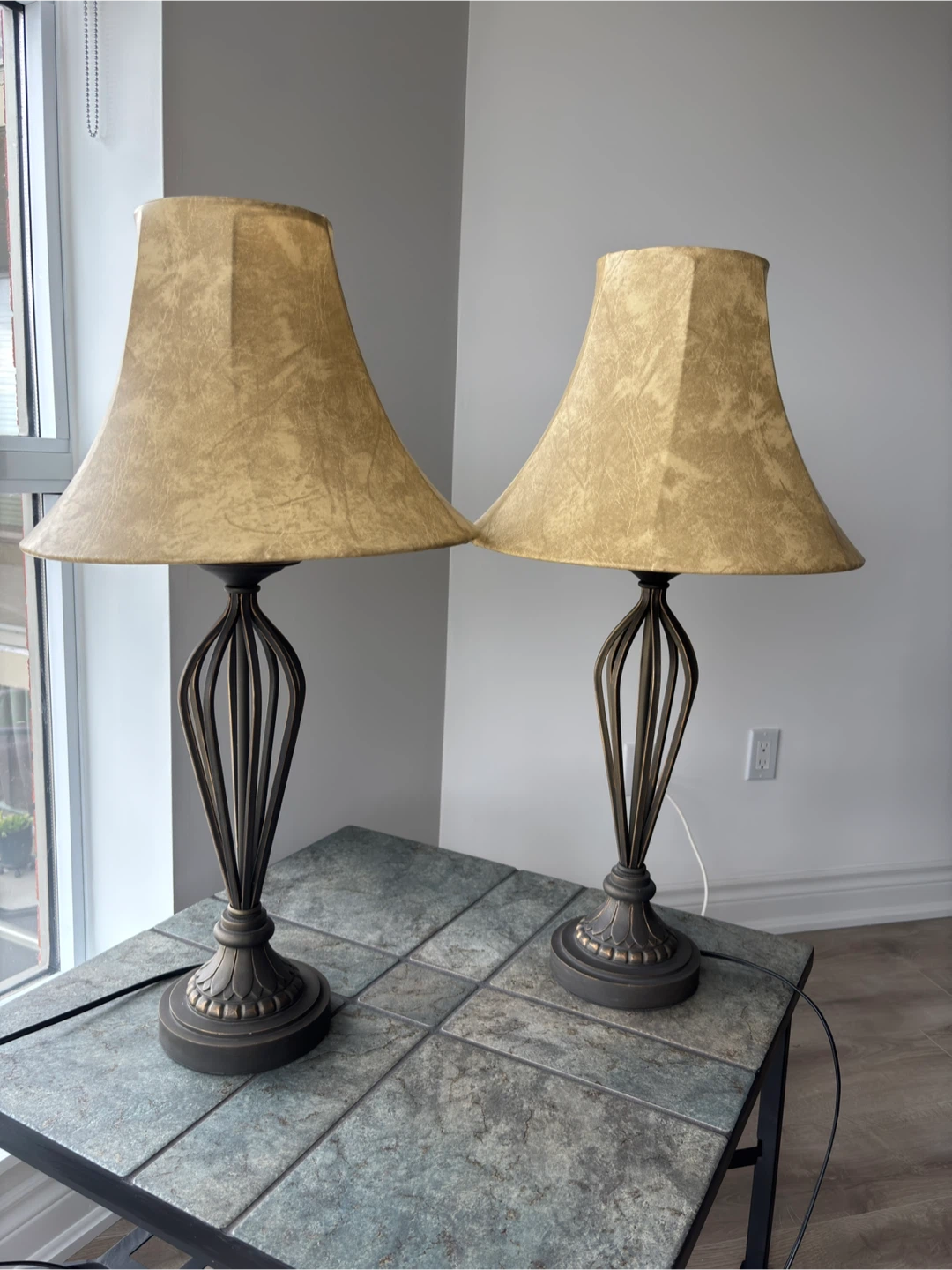Two Elegant Table Lamps with Gold Fabric Shades