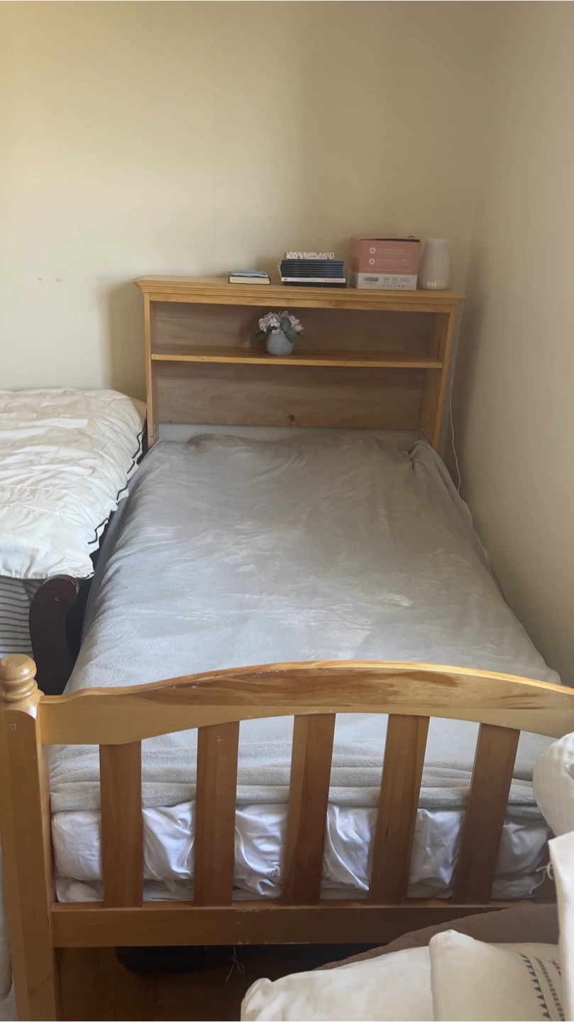 Wooden Twin Bed Frame with Headboard Shelf