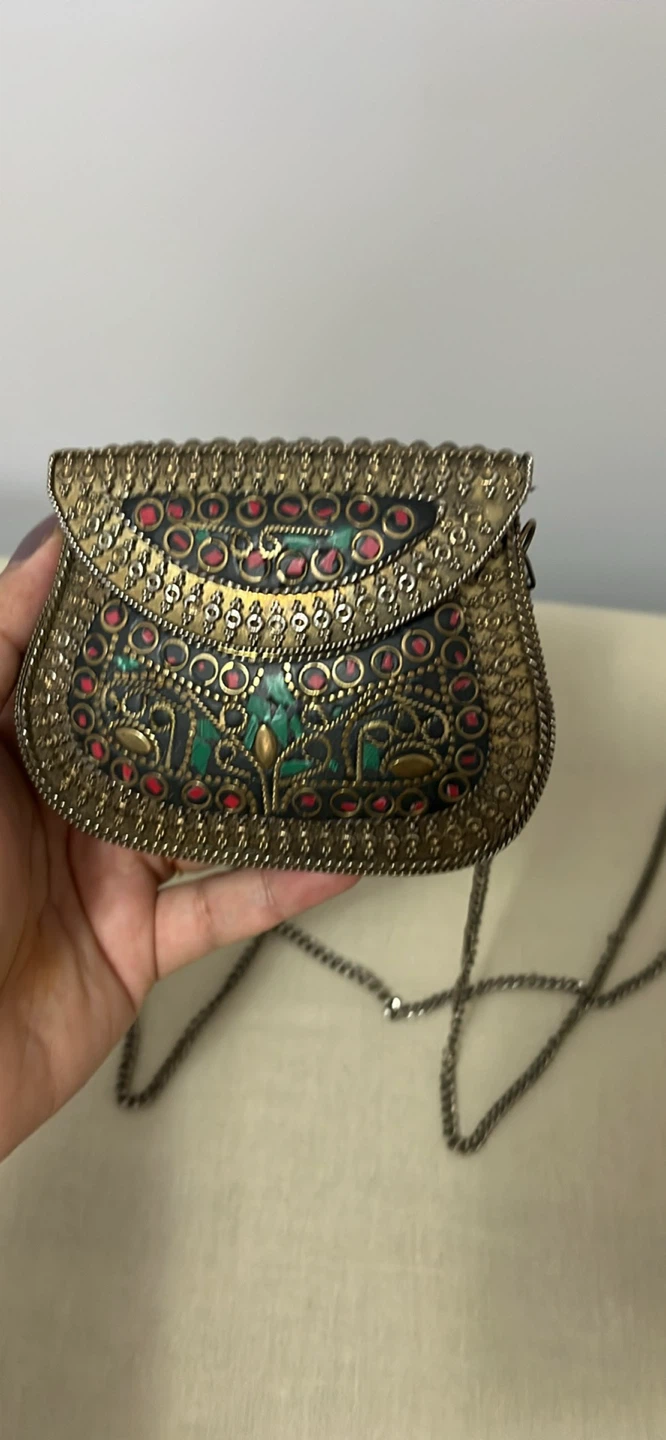 Boho Brass Metal Coin Purse with Chain