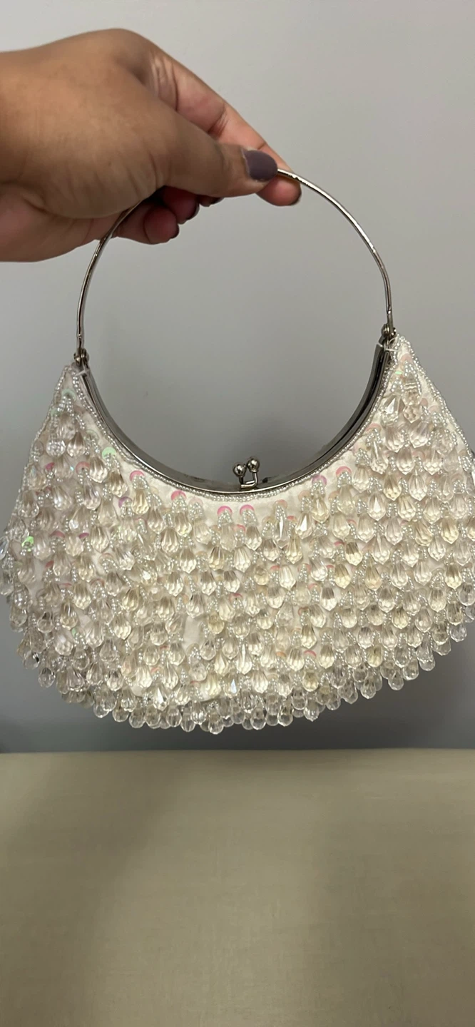 White Beaded Crescent Handbag