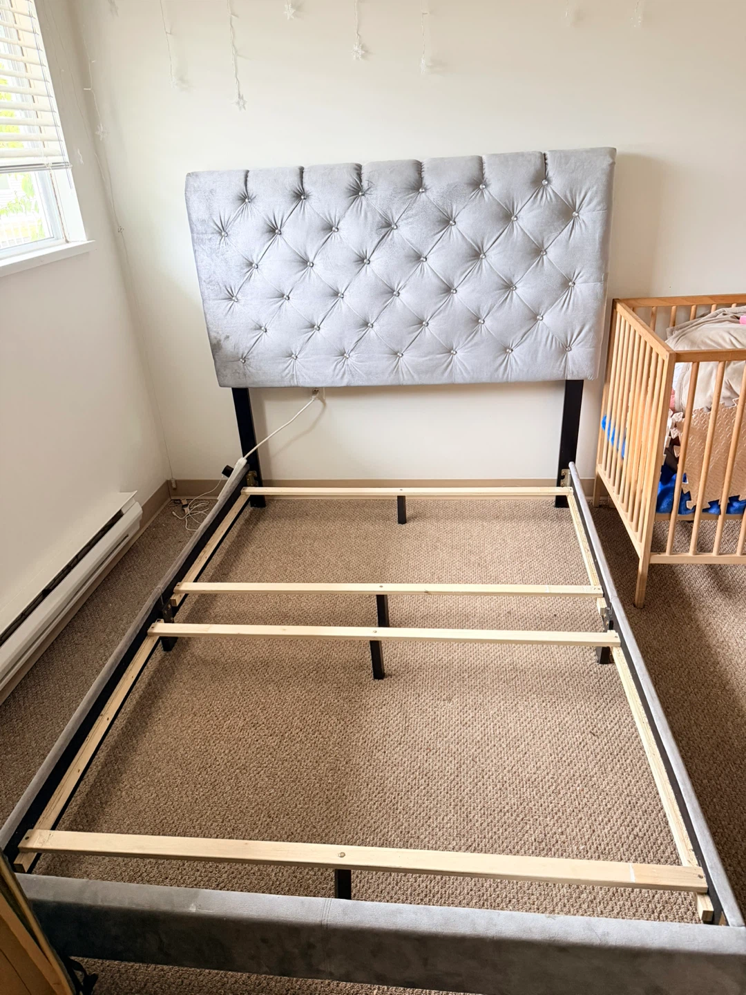 Grey Velvet Tufted Headboard and Bed Frame