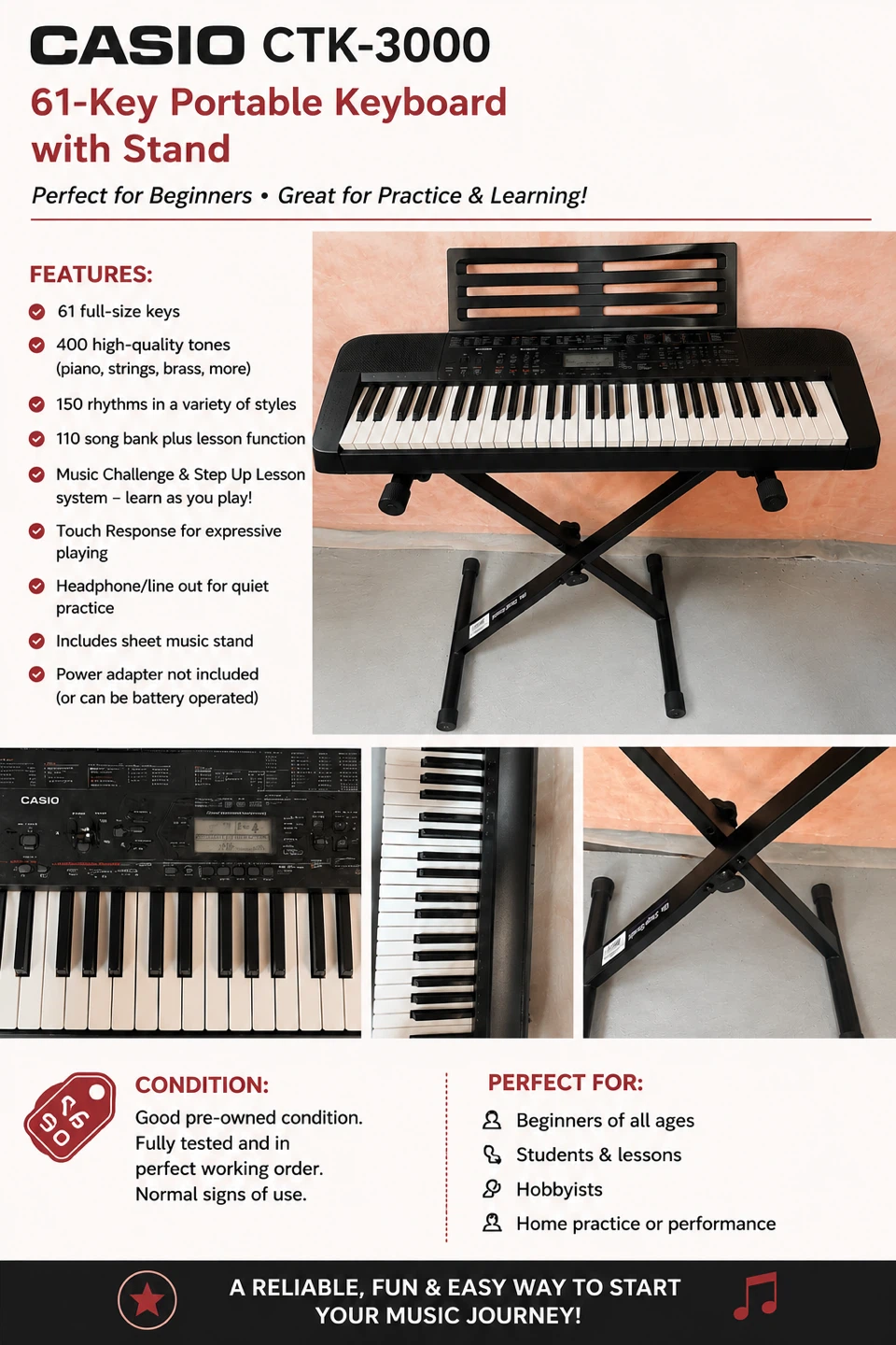 Casio CTK-3000 61-Key Portable Keyboard with Stand