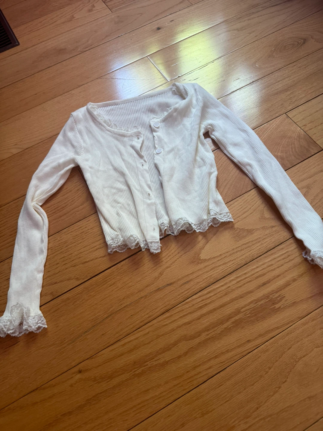 Cream Ribbed Cardigan with Lace Trim