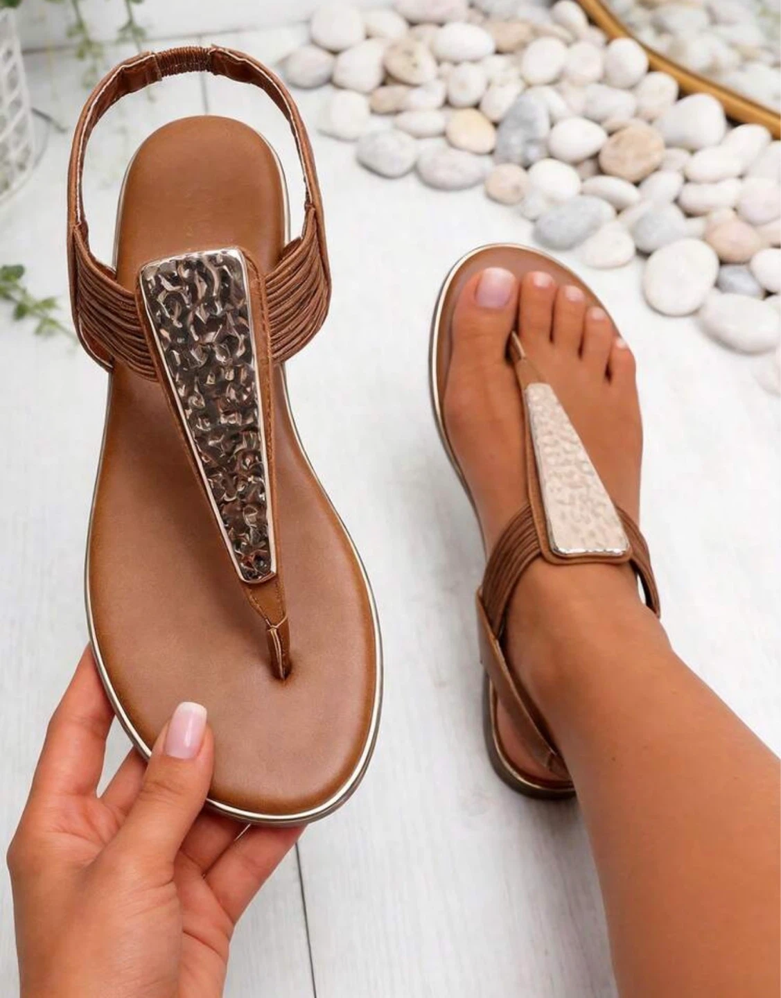 Women's Brown Elastic Strap Flat Sandals - photo 2