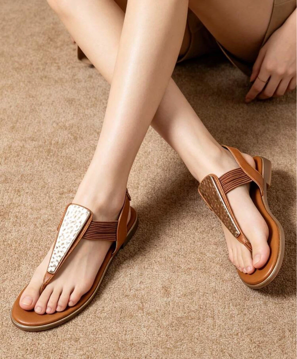 Women's Brown Elastic Strap Flat Sandals