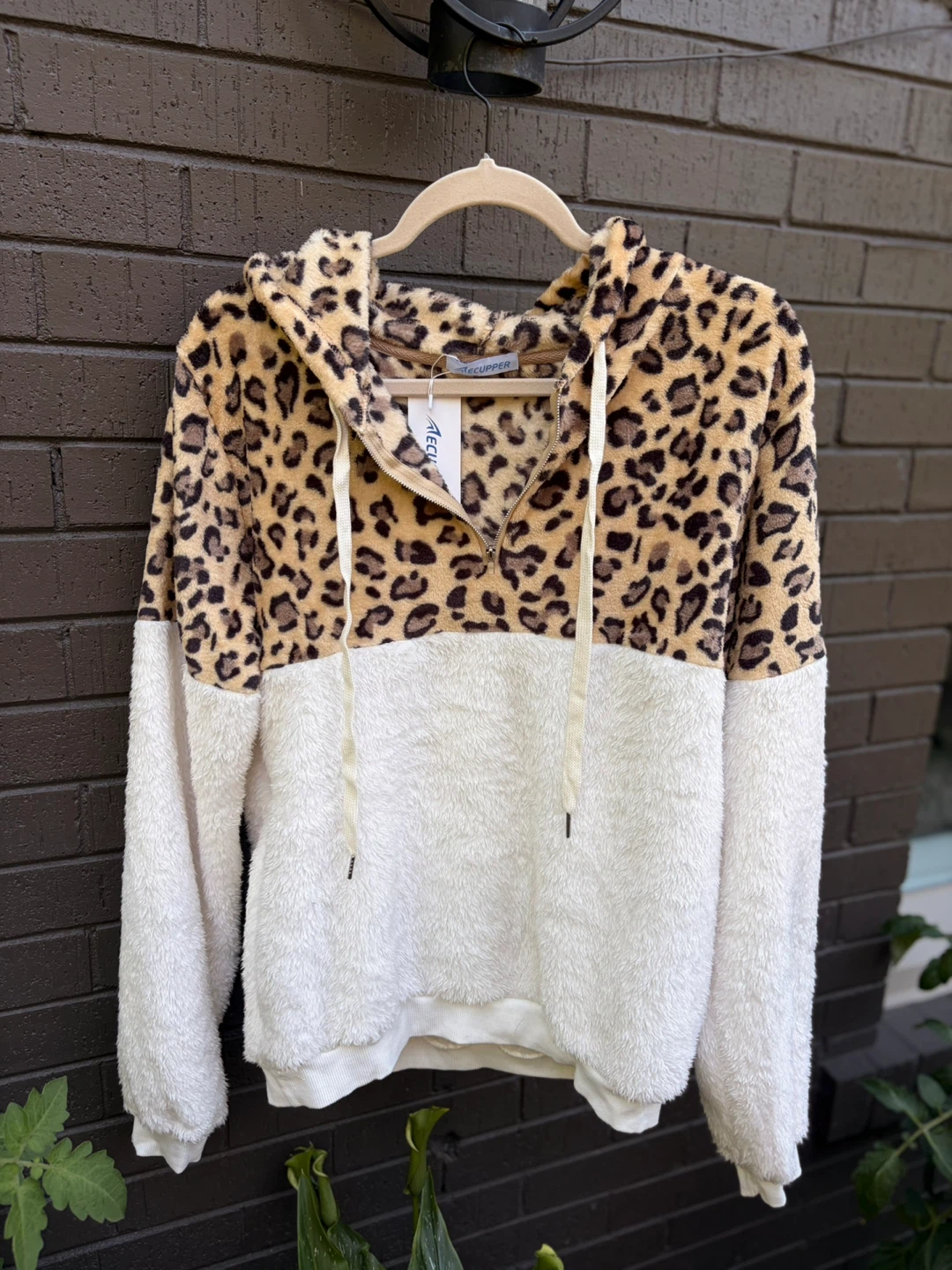 Fuzzy Leopard Print Half-Zip Hoodie