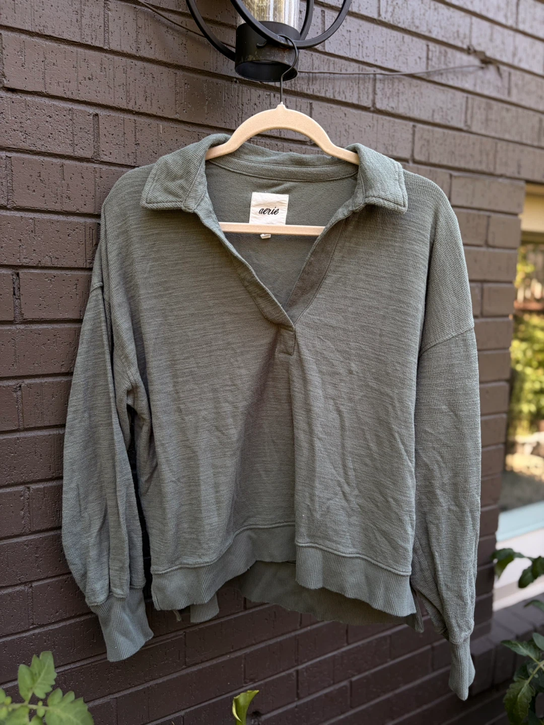 Aerie Green Collared Pullover Sweatshirt - Small