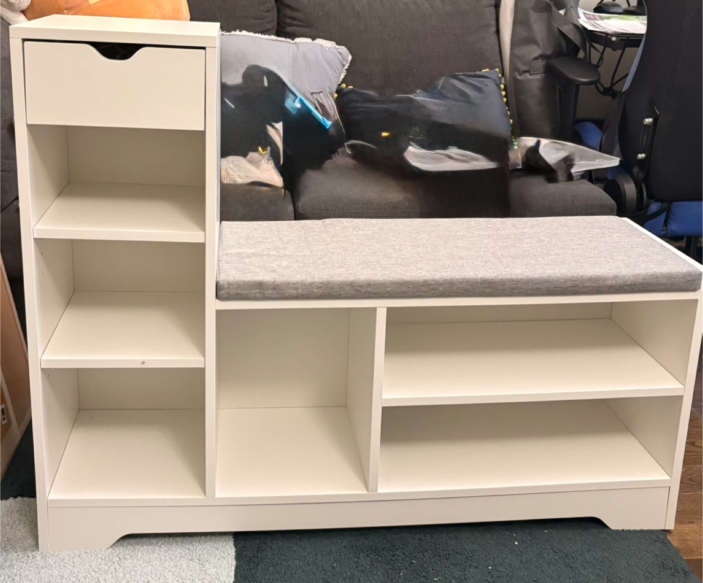 White Storage Bench with Shelves and Drawer