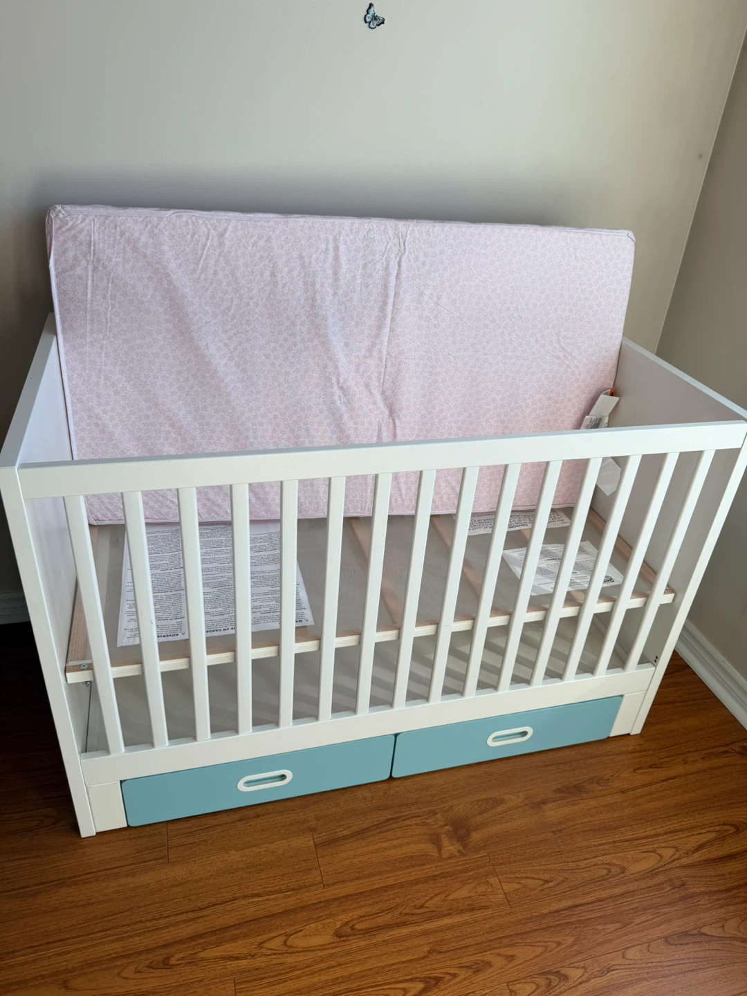 White Baby Crib with Pink Mattress and Storage Drawers - photo 2