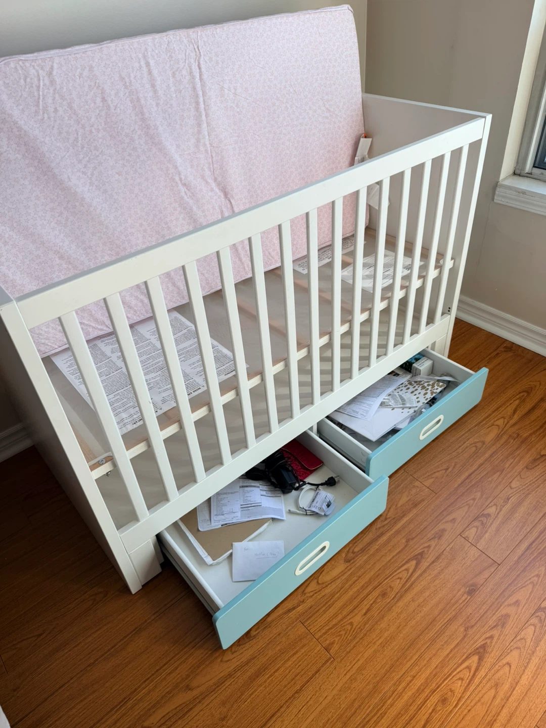 White Baby Crib with Pink Mattress and Storage Drawers - photo 4