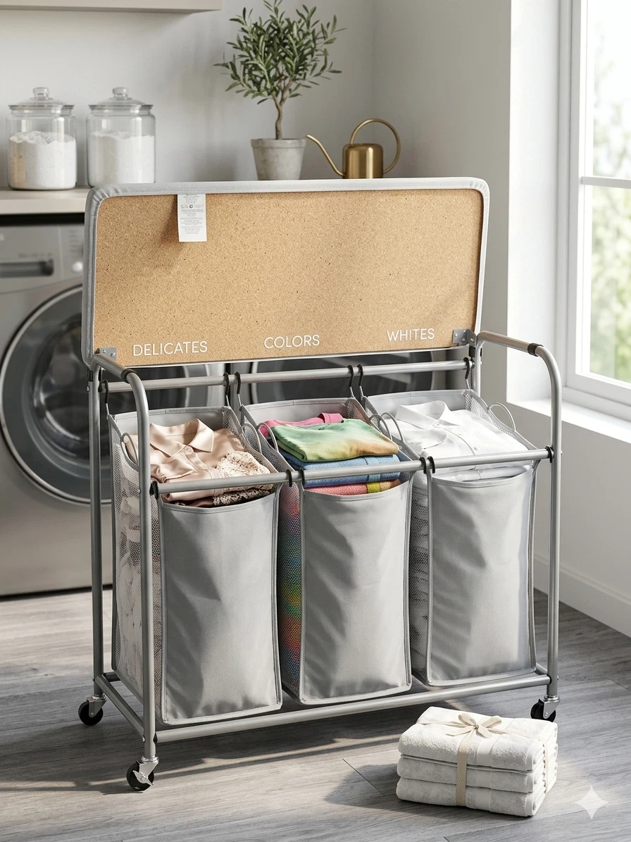 3-Compartment Laundry Sorter with Ironing Board Top