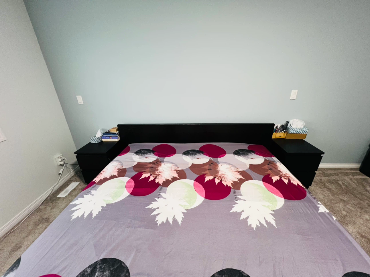 King size bed frame, mattress and 2 night stands