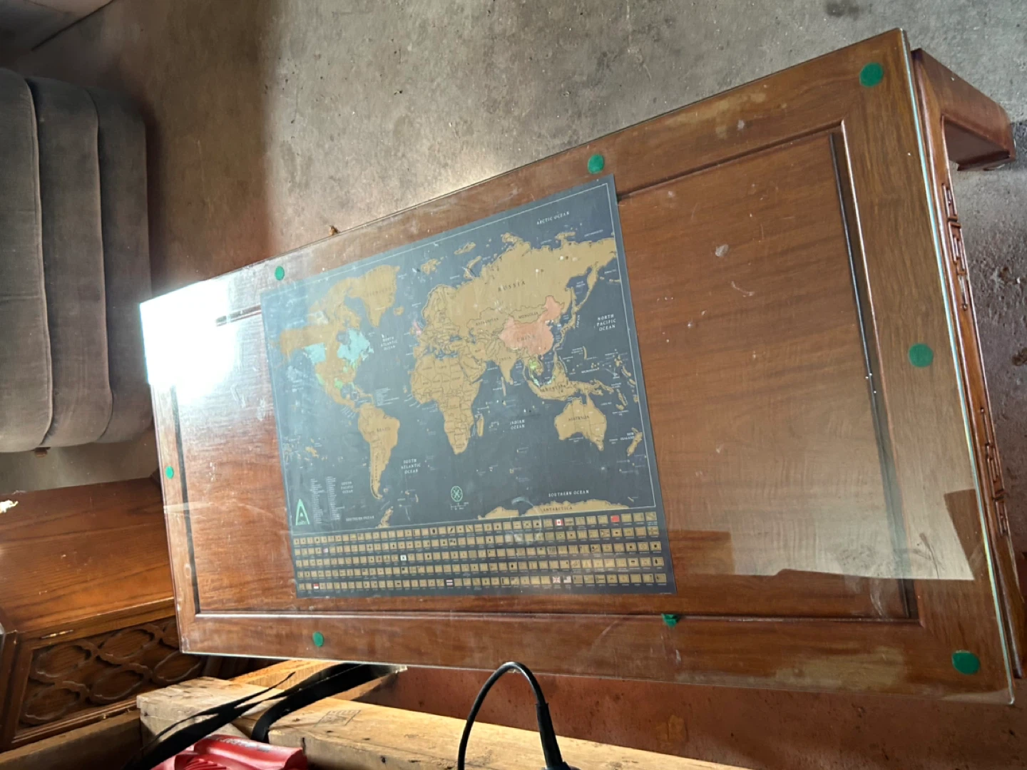 Solid Wood Coffee Table with Glass Top and World Map