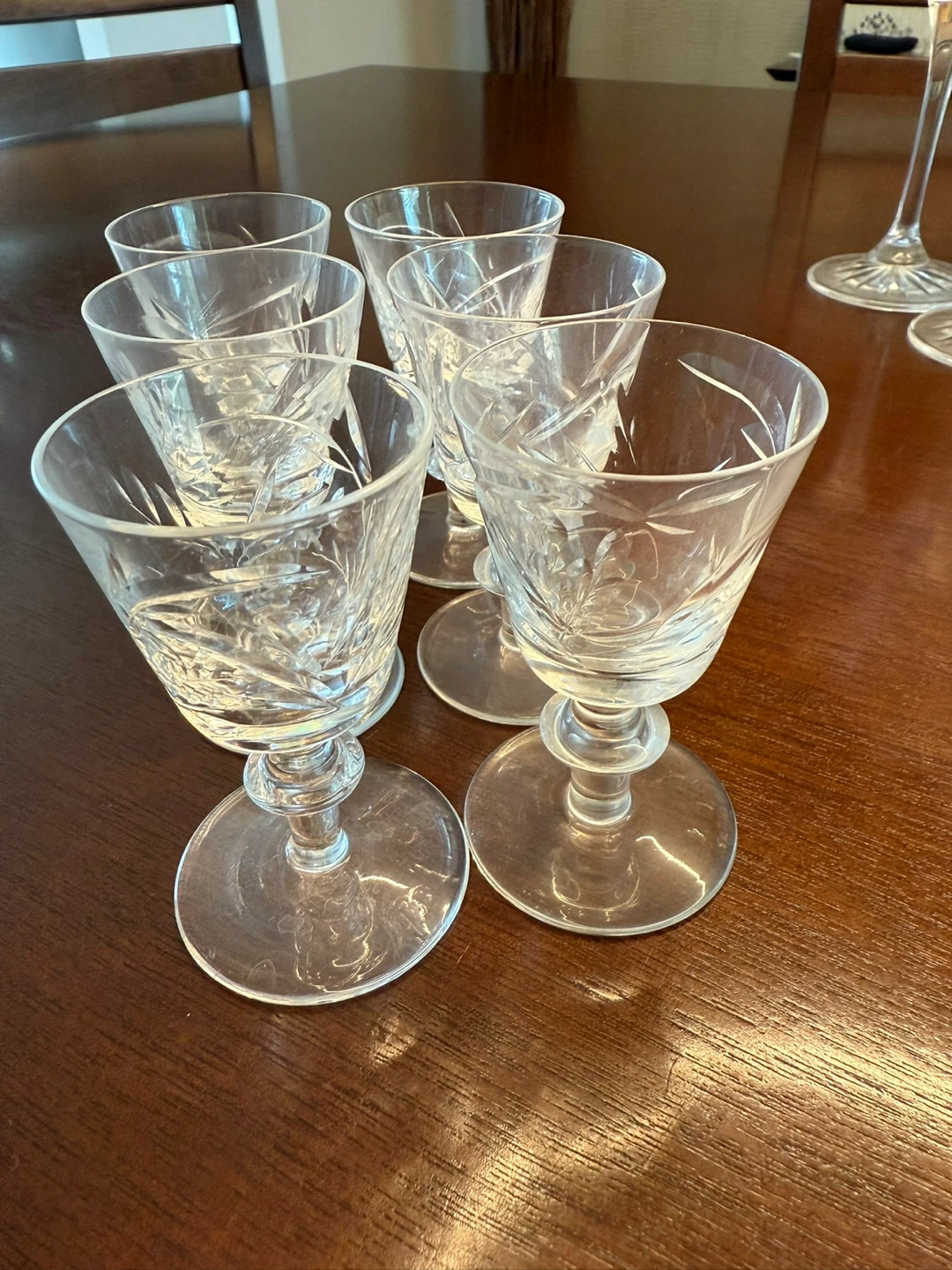 Set of 6 Etched Laurentian Crystal Cordial/sherry Glasses