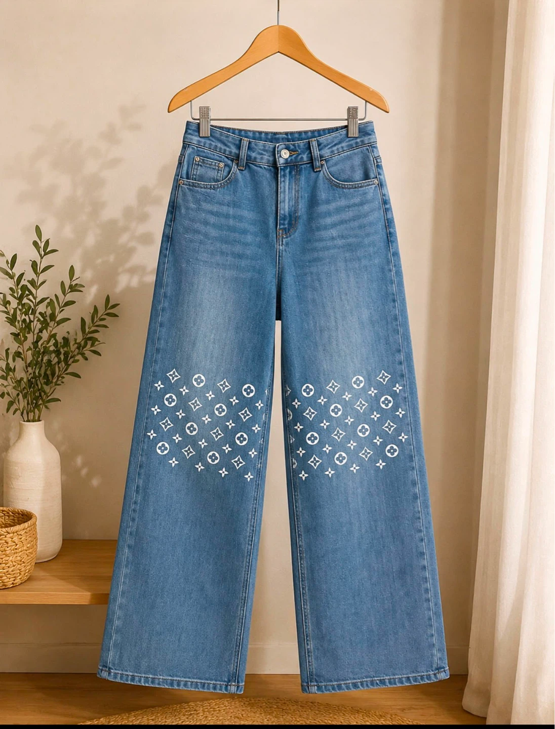 Wide Leg Jeans with Monogram Print