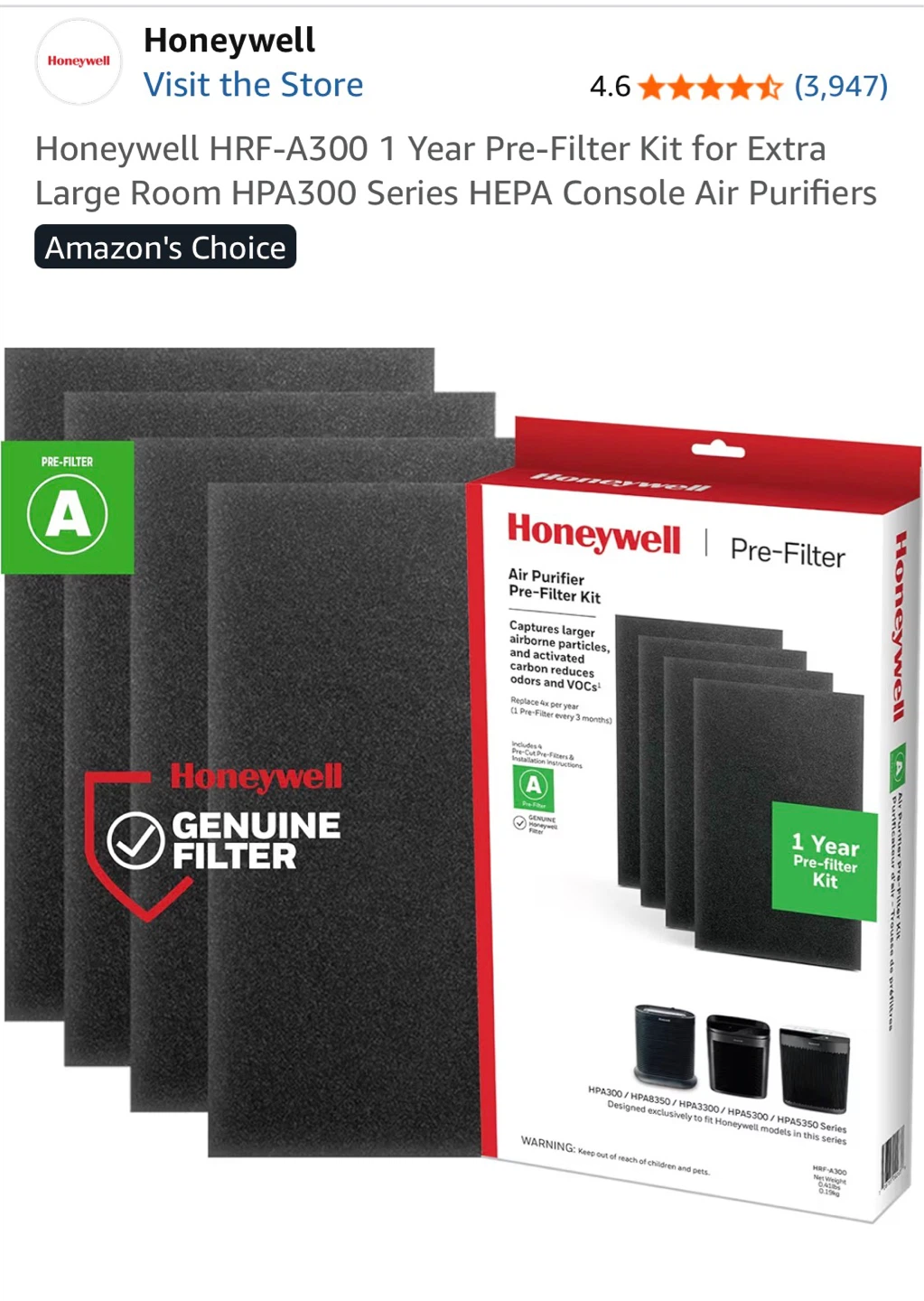 Honeywell HRF-A300 1 Year Pre-Filter Kit