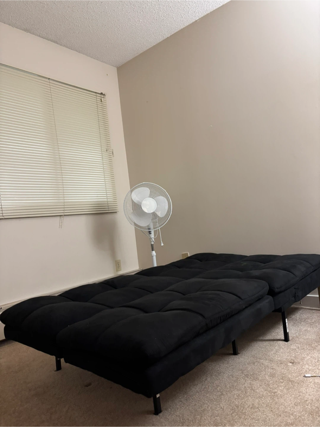 Black Futon Sofa Bed and Stand Fan
