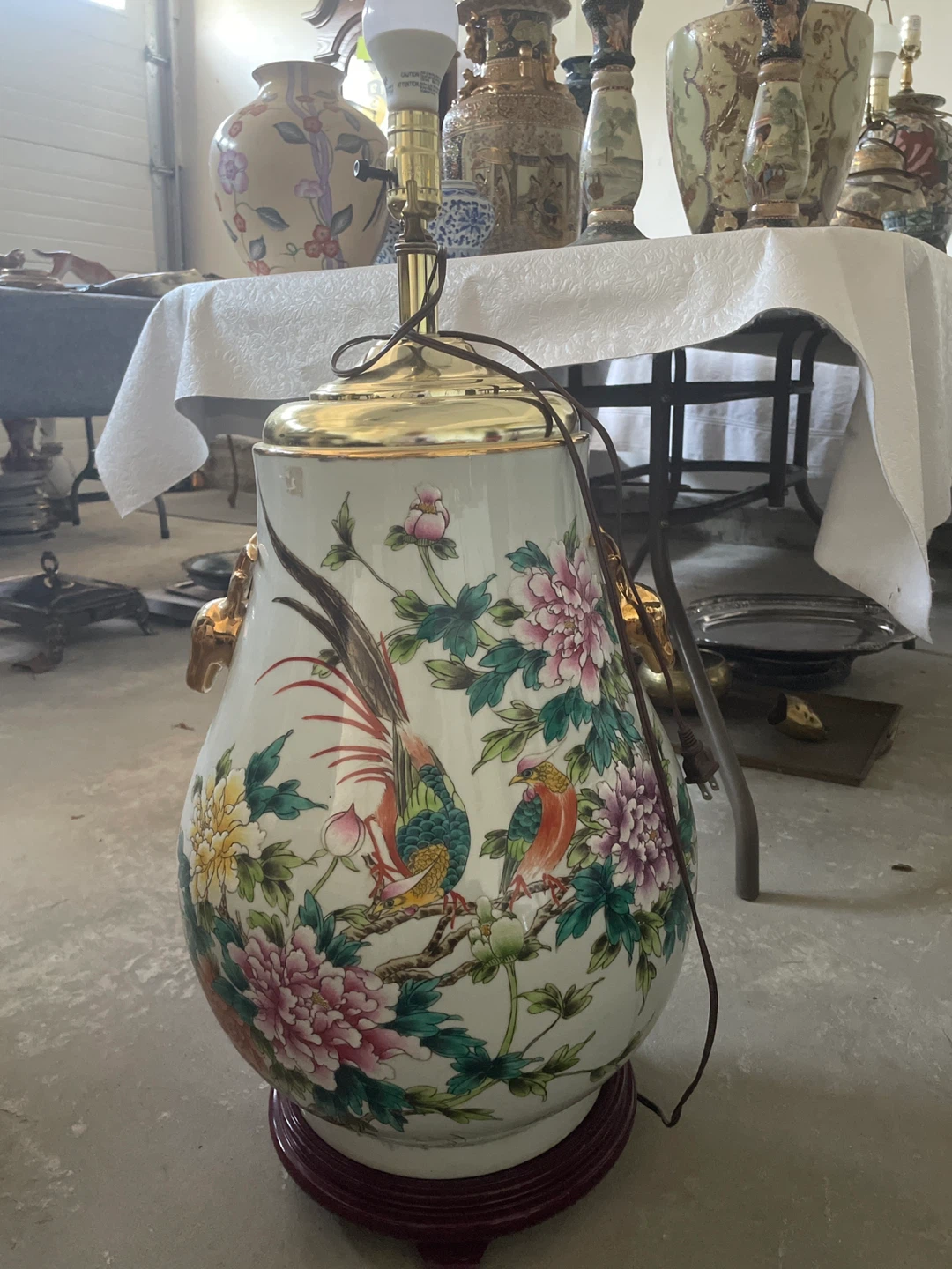 Vintage Ceramic Table Lamp with Birds and Flowers