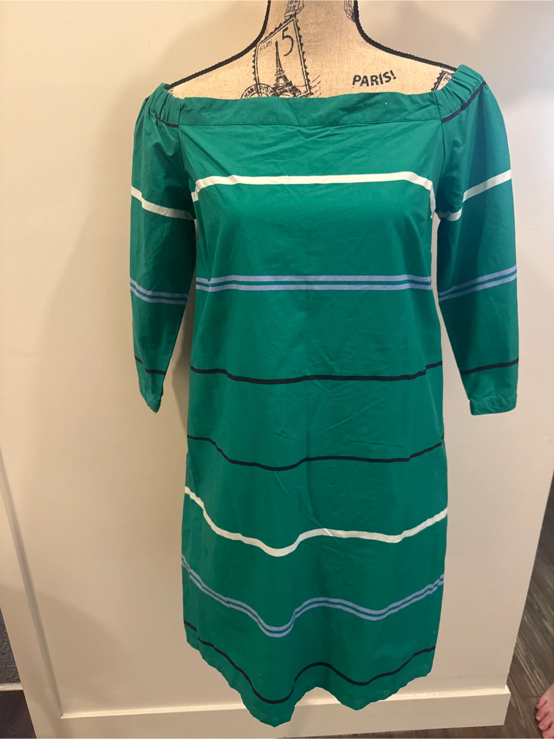 Green Striped Off-the-Shoulder Dress with Belt