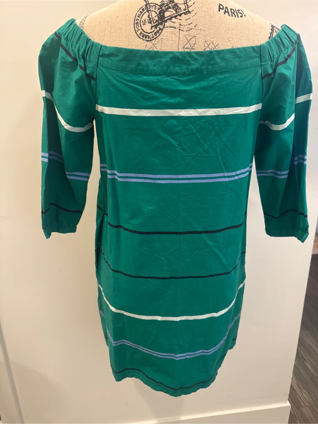 Green Striped Off-the-Shoulder Dress with Belt - photo 2
