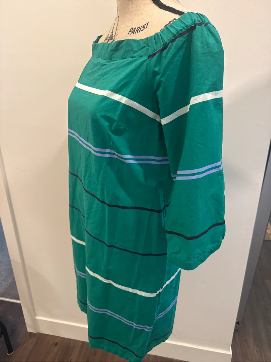 Green Striped Off-the-Shoulder Dress with Belt - photo 3