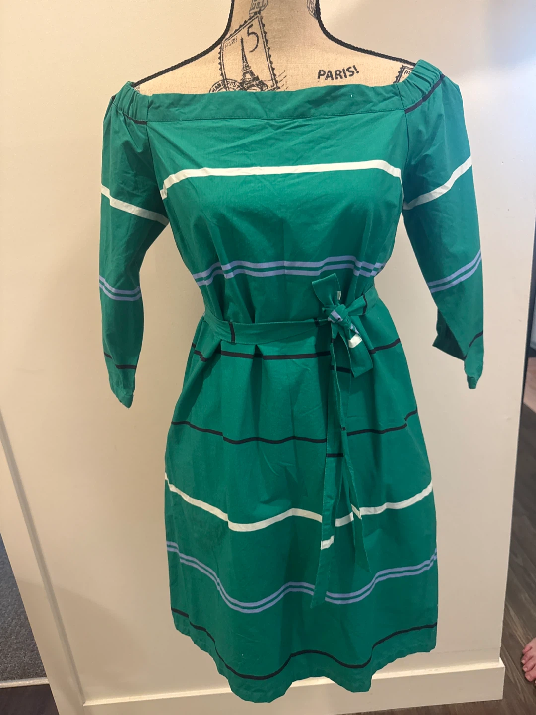 Green Striped Off-the-Shoulder Dress with Belt - photo 4