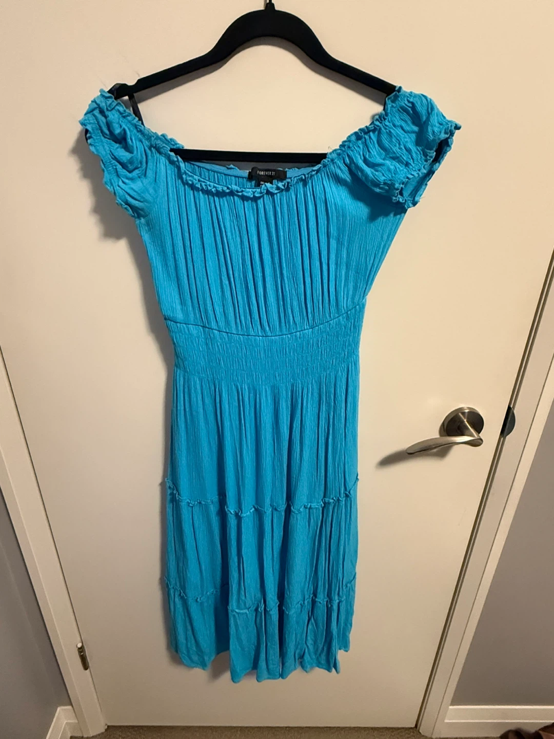 Forever 21 Blue Off-the-Shoulder Smocked Tiered Midi Dress