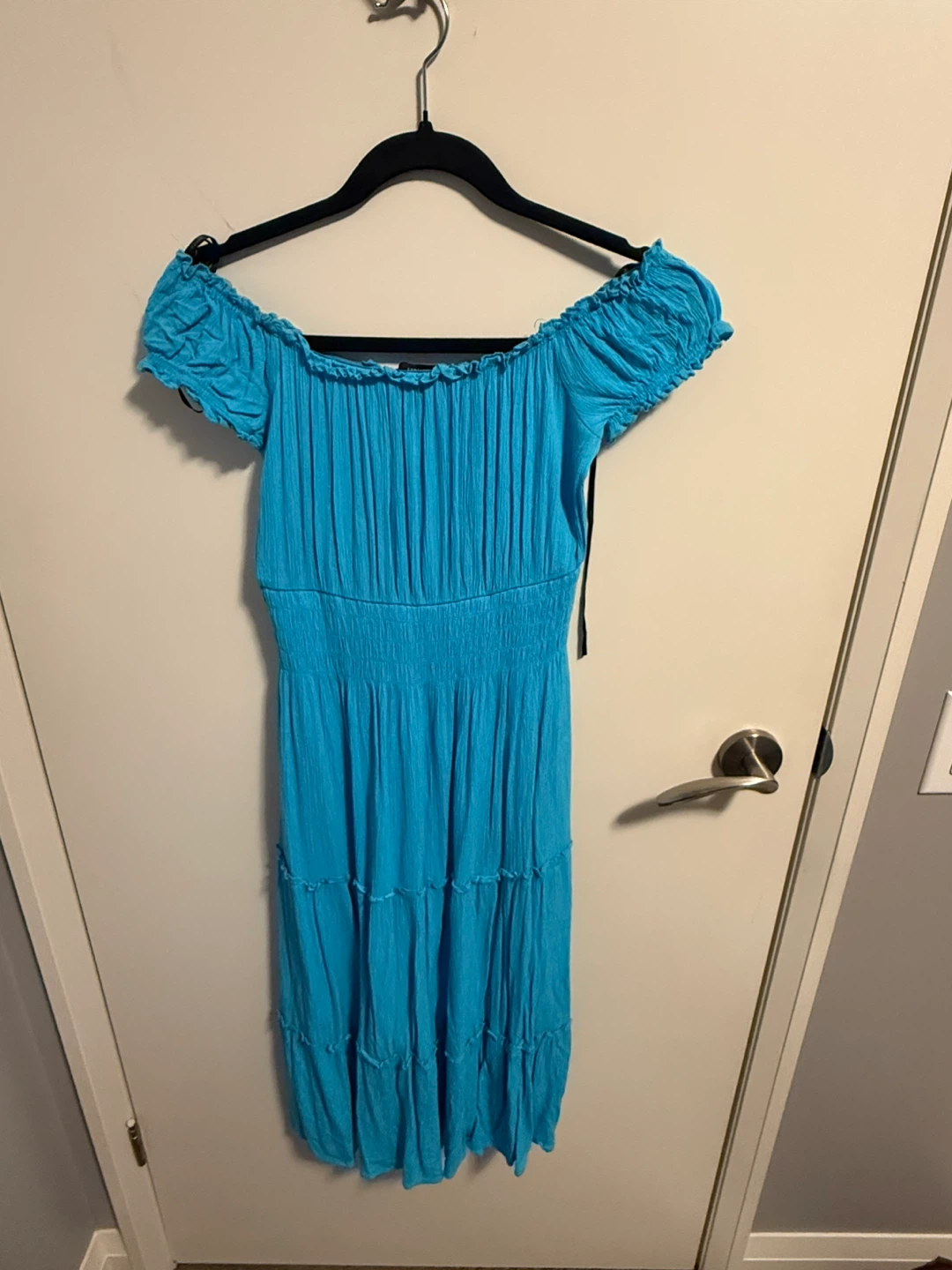 Forever 21 Blue Off-the-Shoulder Smocked Tiered Midi Dress - photo 2