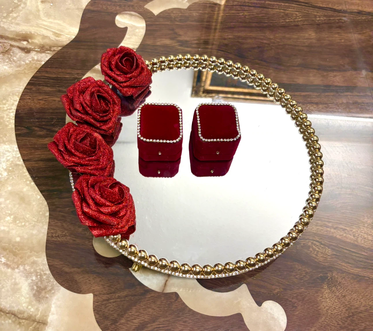 Round mirror tray with gold pearl and gold rhinestone
