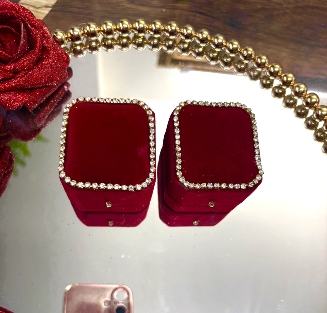Round mirror tray with gold pearl and gold rhinestone - photo 2