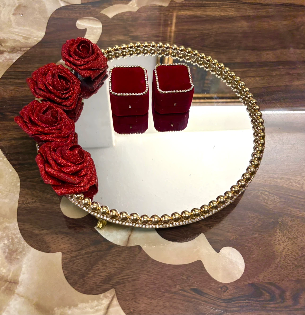 Round mirror tray with gold pearl and gold rhinestone - photo 4