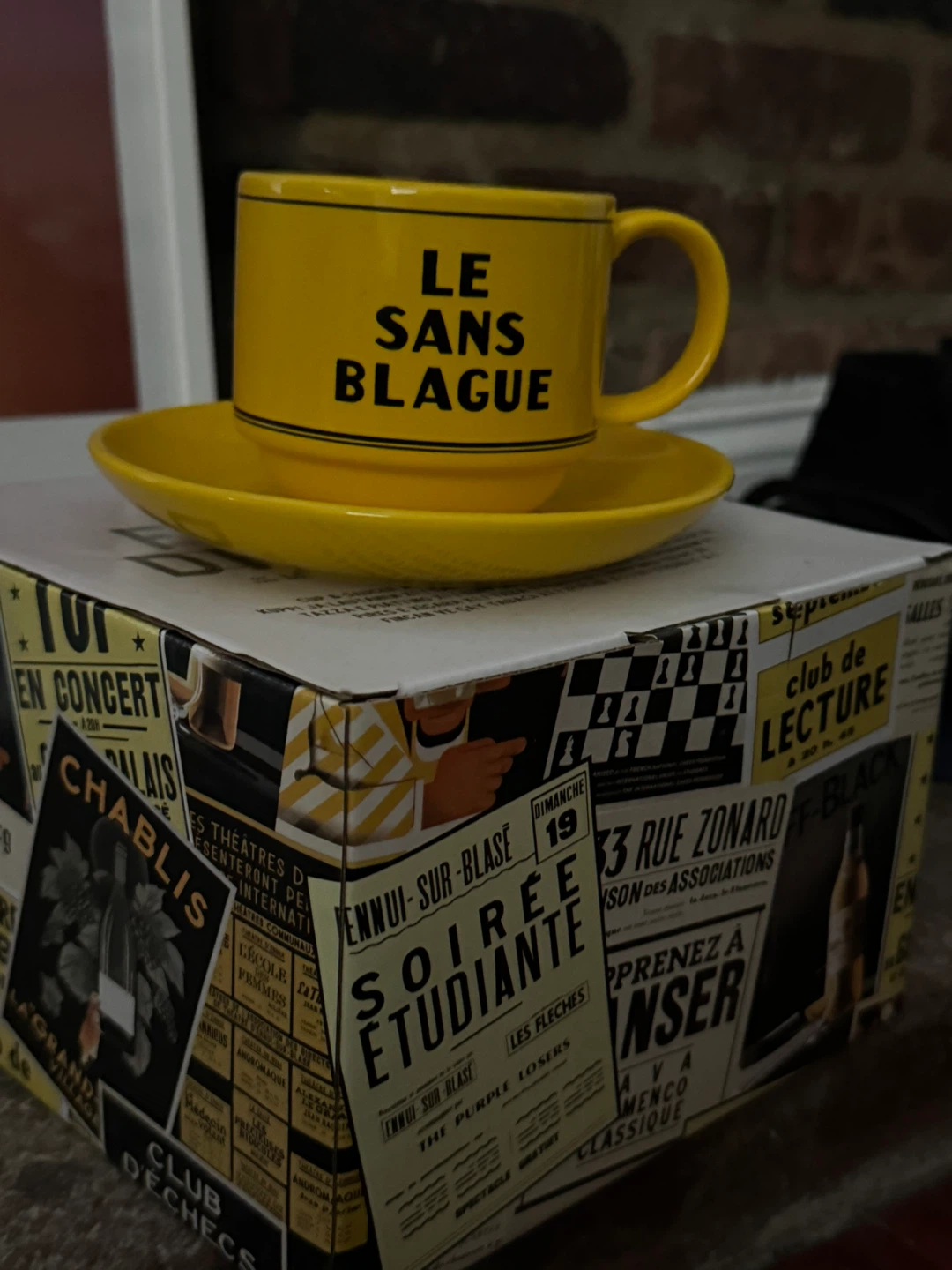 Yellow "Le Sans Blague" Coffee Mug and Saucer Set