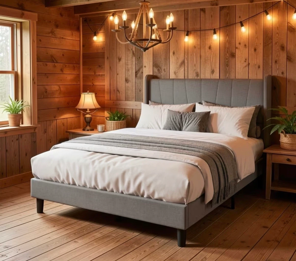 Queen Size Upholstered Bed Frame with LED Lights
