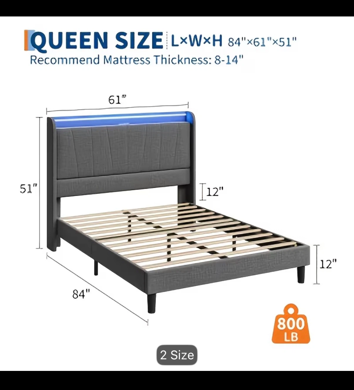 Queen Size Upholstered Bed Frame with LED Lights - photo 2